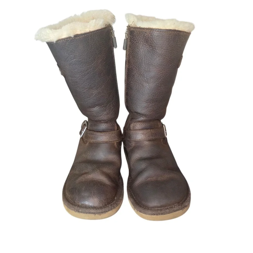 UGG Kensington Girls 1 Brown Leather Sheepskin Sherpa Shearling Lined Snow Boots